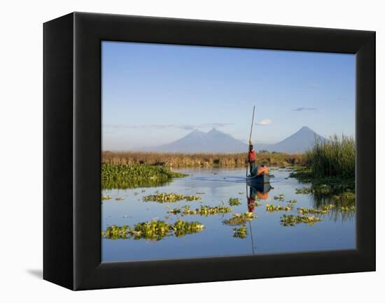 Fisherman, Agua and Pacaya Volcanoes in the Background, Monterrico, Pacific Coast, Guatemala-Michele Falzone-Framed Premier Image Canvas