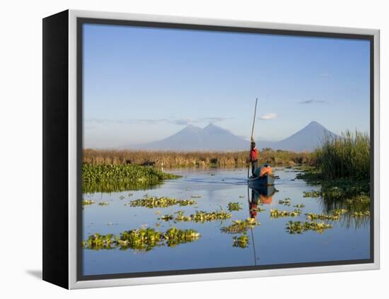 Fisherman, Agua and Pacaya Volcanoes in the Background, Monterrico, Pacific Coast, Guatemala-Michele Falzone-Framed Premier Image Canvas