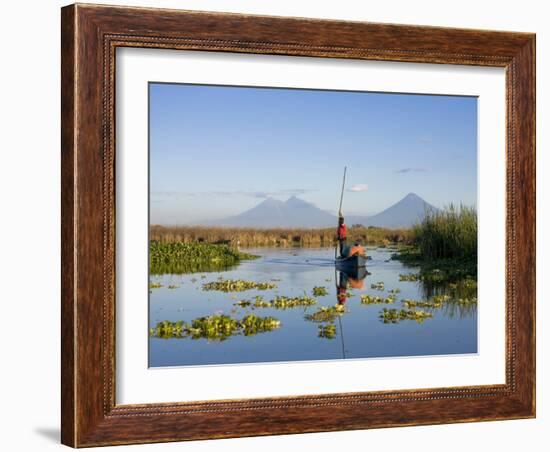 Fisherman, Agua and Pacaya Volcanoes in the Background, Monterrico, Pacific Coast, Guatemala-Michele Falzone-Framed Photographic Print