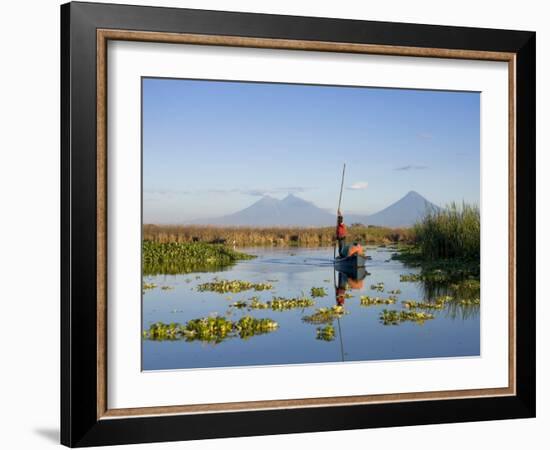 Fisherman, Agua and Pacaya Volcanoes in the Background, Monterrico, Pacific Coast, Guatemala-Michele Falzone-Framed Photographic Print