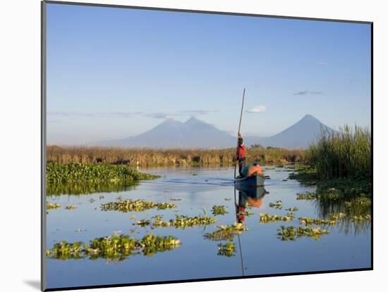 Fisherman, Agua and Pacaya Volcanoes in the Background, Monterrico, Pacific Coast, Guatemala-Michele Falzone-Mounted Photographic Print