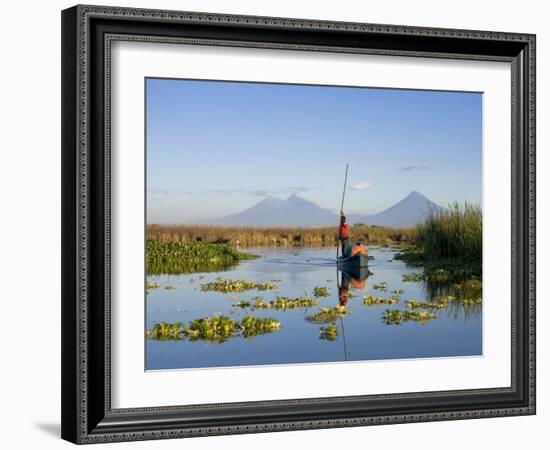 Fisherman, Agua and Pacaya Volcanoes in the Background, Monterrico, Pacific Coast, Guatemala-Michele Falzone-Framed Photographic Print