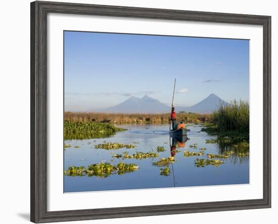 Fisherman, Agua and Pacaya Volcanoes in the Background, Monterrico, Pacific Coast, Guatemala-Michele Falzone-Framed Photographic Print