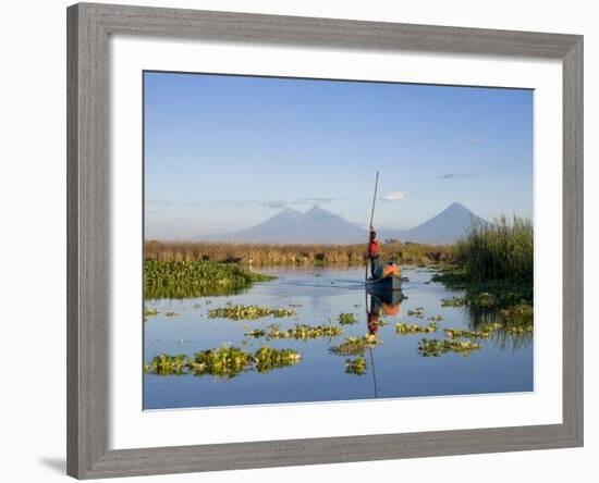 Fisherman, Agua and Pacaya Volcanoes in the Background, Monterrico, Pacific Coast, Guatemala-Michele Falzone-Framed Photographic Print