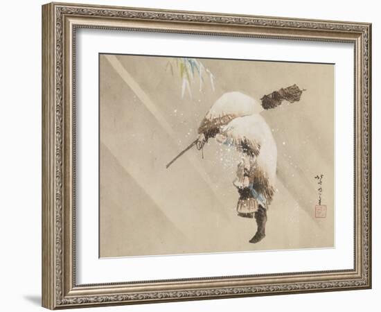 Fisherman Carrying His Net in the Snow, C. 1821 (Ink, Colour, and Gofun on Paper)-Katsushika Hokusai-Framed Giclee Print