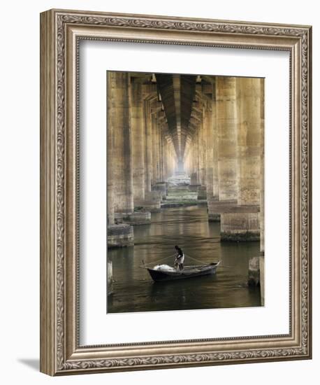 Fisherman Casts His Net in the River Ganges on the Outskirts of Allahabad, India-null-Framed Photographic Print