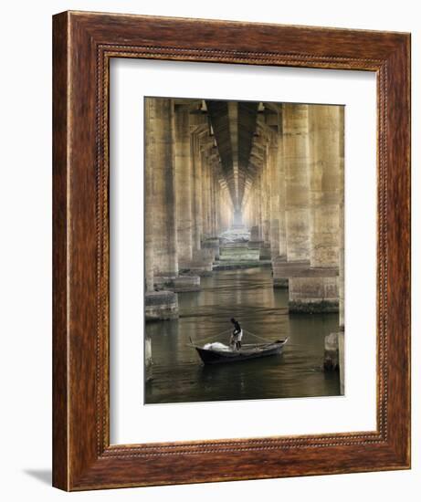 Fisherman Casts His Net in the River Ganges on the Outskirts of Allahabad, India-null-Framed Photographic Print