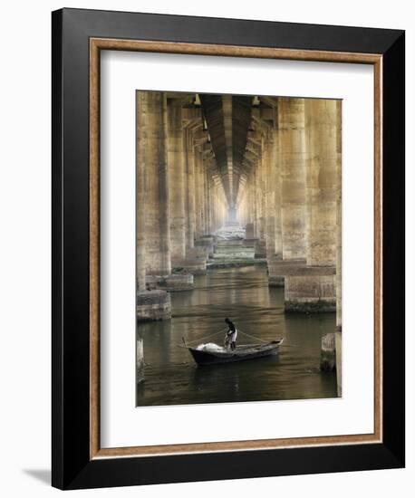 Fisherman Casts His Net in the River Ganges on the Outskirts of Allahabad, India-null-Framed Photographic Print