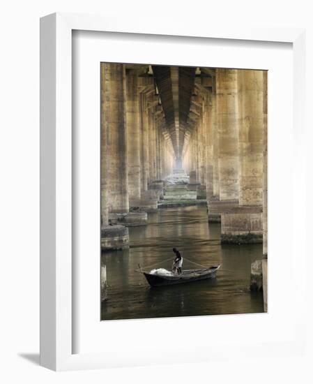 Fisherman Casts His Net in the River Ganges on the Outskirts of Allahabad, India-null-Framed Photographic Print