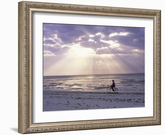 Fisherman Cycling Along the Beach Near Bweju Against Dramatic Sky, Island of Zanzibar, Tanzania-Lee Frost-Framed Photographic Print