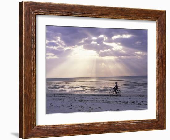 Fisherman Cycling Along the Beach Near Bweju Against Dramatic Sky, Island of Zanzibar, Tanzania-Lee Frost-Framed Photographic Print