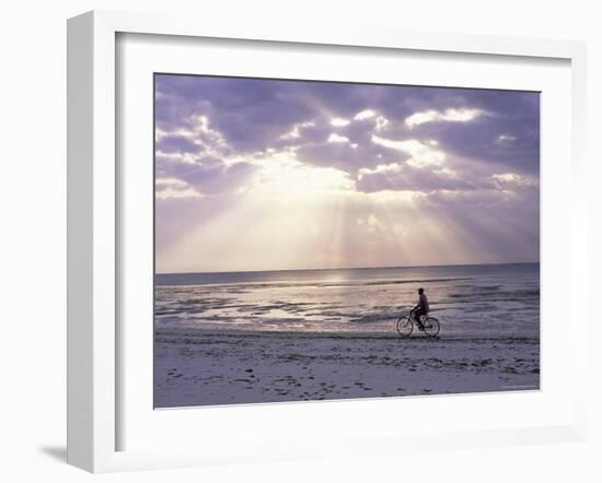 Fisherman Cycling Along the Beach Near Bweju Against Dramatic Sky, Island of Zanzibar, Tanzania-Lee Frost-Framed Photographic Print