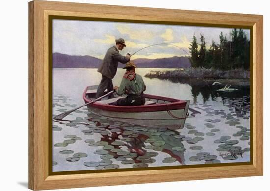 Fisherman Fighting to Land a Muskie on a northern Lake, 1900s-null-Framed Premier Image Canvas