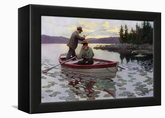 Fisherman Fighting to Land a Muskie on a northern Lake, 1900s-null-Framed Premier Image Canvas