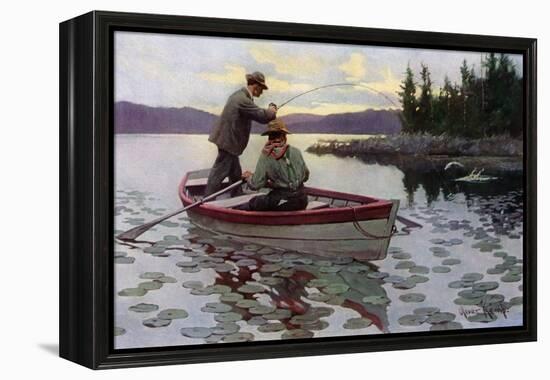 Fisherman Fighting to Land a Muskie on a northern Lake, 1900s-null-Framed Premier Image Canvas