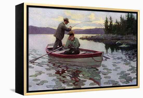 Fisherman Fighting to Land a Muskie on a northern Lake, 1900s-null-Framed Premier Image Canvas