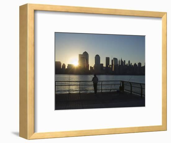 Fisherman Fishing from a Jersey City Pier at Dawn Facing the Manhattan Skyline, Jersey City-Amanda Hall-Framed Photographic Print