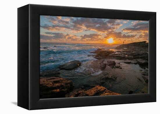 Fisherman fishing off rocks at sunrise, Queensland, Australia-Mark A Johnson-Framed Premier Image Canvas