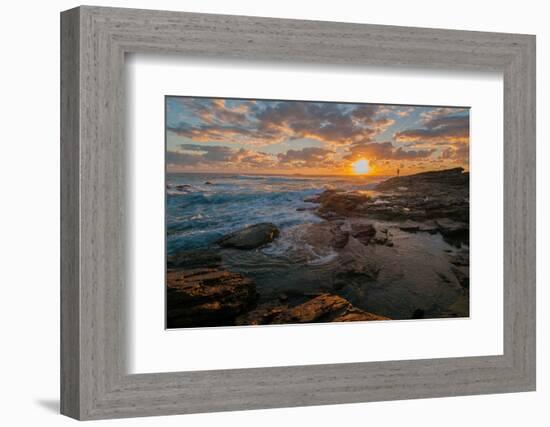 Fisherman fishing off rocks at sunrise, Queensland, Australia-Mark A Johnson-Framed Photographic Print