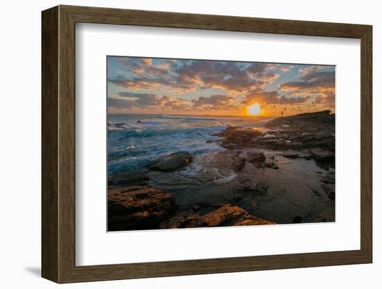 Fisherman fishing off rocks at sunrise, Queensland, Australia-Mark A Johnson-Framed Photographic Print