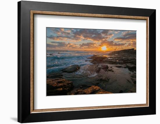 Fisherman fishing off rocks at sunrise, Queensland, Australia-Mark A Johnson-Framed Photographic Print