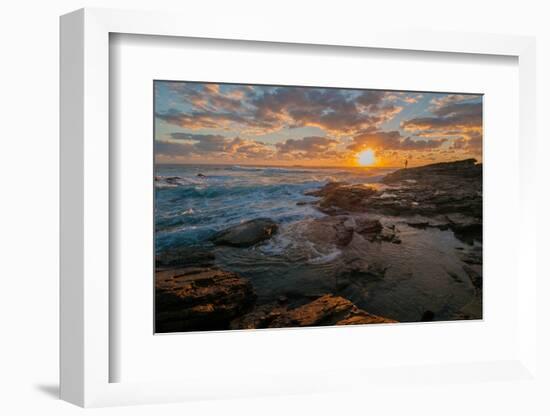 Fisherman fishing off rocks at sunrise, Queensland, Australia-Mark A Johnson-Framed Photographic Print