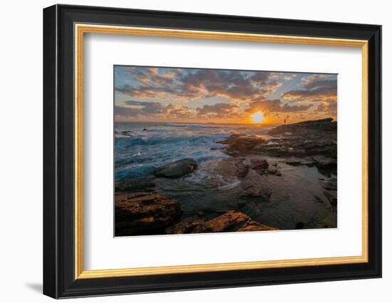 Fisherman fishing off rocks at sunrise, Queensland, Australia-Mark A Johnson-Framed Photographic Print