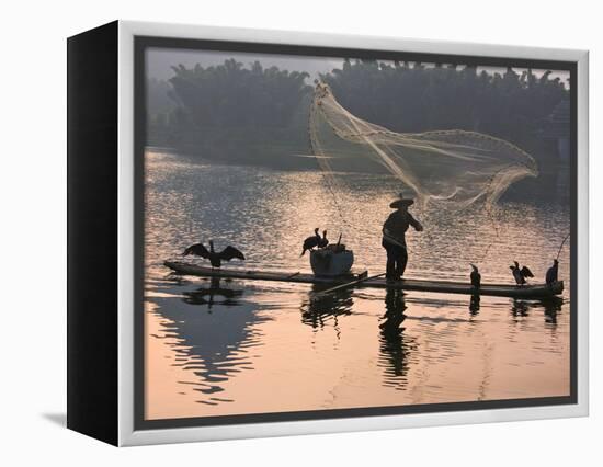 Fisherman Fishing with Cormorants on Bamboo Raft on Li River at Dusk, Yangshuo, Guangxi, China-Keren Su-Framed Premier Image Canvas