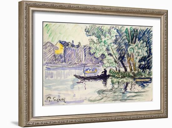 Fisherman in a Boat Near a Bank of the Seine, C1900-Paul Signac-Framed Giclee Print