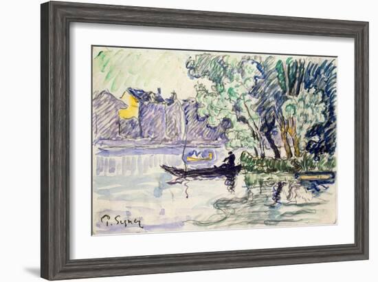 Fisherman in a Boat Near a Bank of the Seine, C1900-Paul Signac-Framed Giclee Print