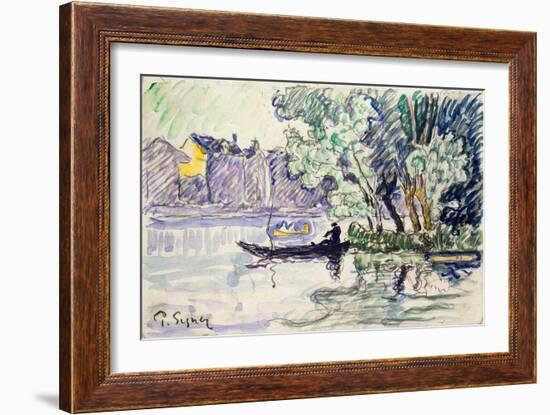 Fisherman in a Boat Near a Bank of the Seine, C1900-Paul Signac-Framed Giclee Print