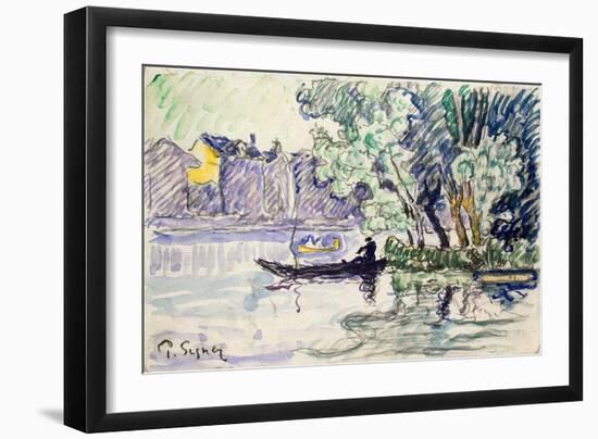 Fisherman in a Boat Near a Bank of the Seine, C1900-Paul Signac-Framed Giclee Print