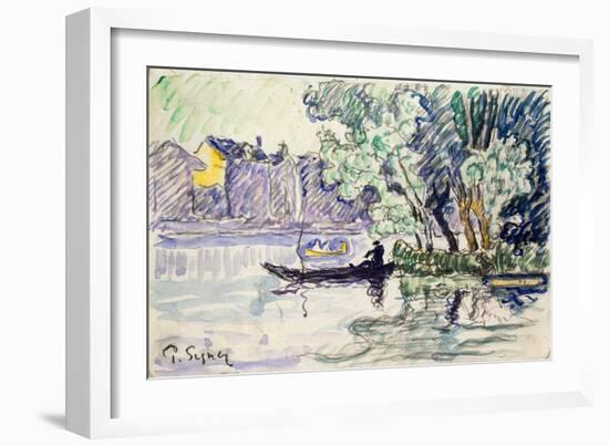 Fisherman in a Boat Near a Bank of the Seine, C1900-Paul Signac-Framed Giclee Print