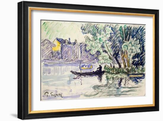 Fisherman in a Boat Near a Bank of the Seine, C1900-Paul Signac-Framed Giclee Print