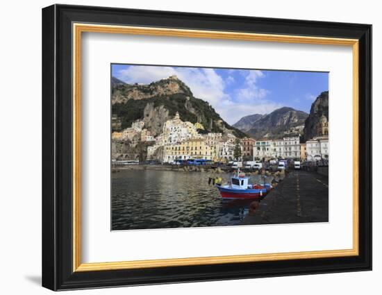 Fisherman in Fishing Boat and Amalfi Town, Costiera Amalfitana (Amalfi Coast), Campania, Italy-Eleanor Scriven-Framed Photographic Print