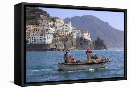 Fisherman in Fishing Boat Heads Out to Sea from Amalfi Harbour-Eleanor Scriven-Framed Premier Image Canvas