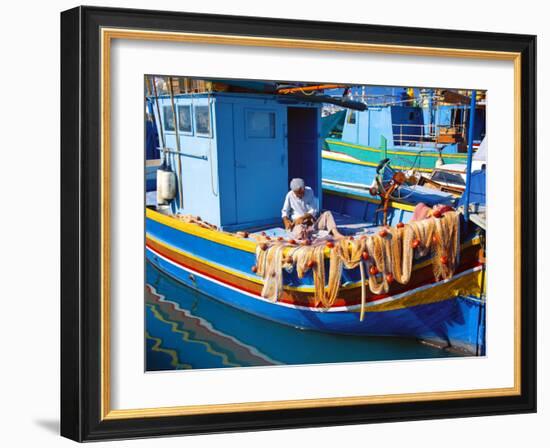 Fisherman Knotting a Fishing Net, Marsaxlokk, Malta, Mediterranean, Europe-Sakis Papadopoulos-Framed Photographic Print