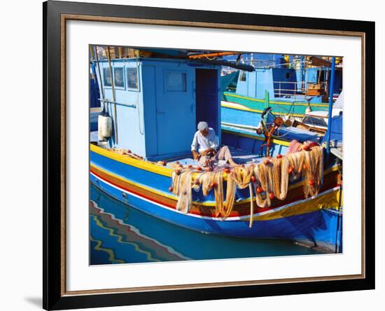 Fisherman Knotting a Fishing Net, Marsaxlokk, Malta, Mediterranean, Europe-Sakis Papadopoulos-Framed Photographic Print