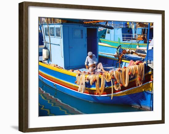 Fisherman Knotting a Fishing Net, Marsaxlokk, Malta, Mediterranean, Europe-Sakis Papadopoulos-Framed Photographic Print