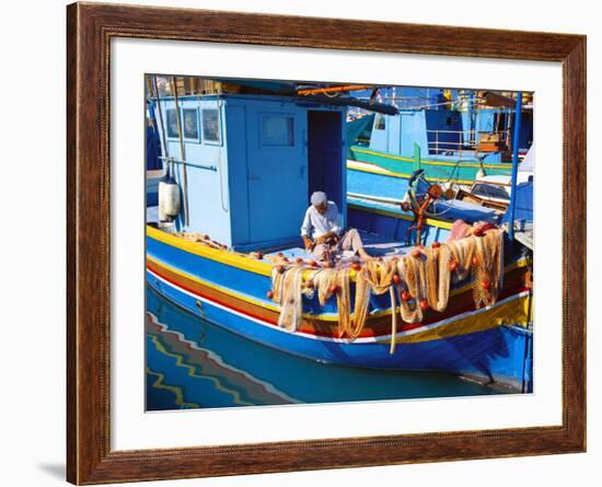 Fisherman Knotting a Fishing Net, Marsaxlokk, Malta, Mediterranean, Europe-Sakis Papadopoulos-Framed Photographic Print