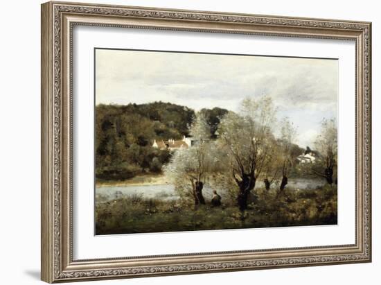 Fisherman on the Edge of a Pond in the Village of Avary-Jean-Baptiste-Camille Corot-Framed Giclee Print