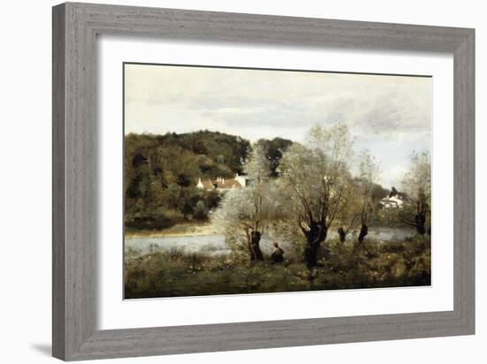 Fisherman on the Edge of a Pond in the Village of Avary-Jean-Baptiste-Camille Corot-Framed Giclee Print