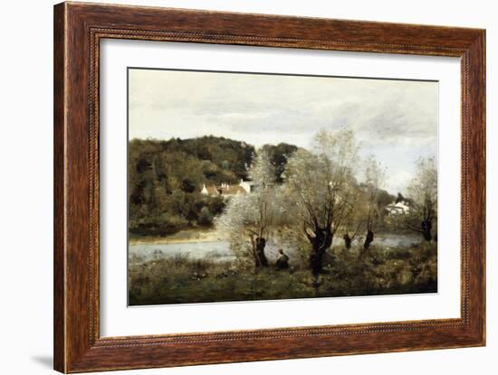 Fisherman on the Edge of a Pond in the Village of Avary-Jean-Baptiste-Camille Corot-Framed Giclee Print