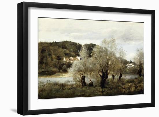 Fisherman on the Edge of a Pond in the Village of Avary-Jean-Baptiste-Camille Corot-Framed Giclee Print