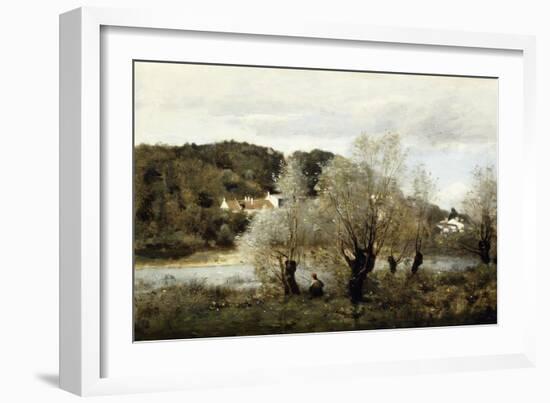 Fisherman on the Edge of a Pond in the Village of Avary-Jean-Baptiste-Camille Corot-Framed Giclee Print