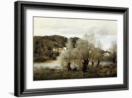 Fisherman on the Edge of a Pond in the Village of Avary-Jean-Baptiste-Camille Corot-Framed Giclee Print