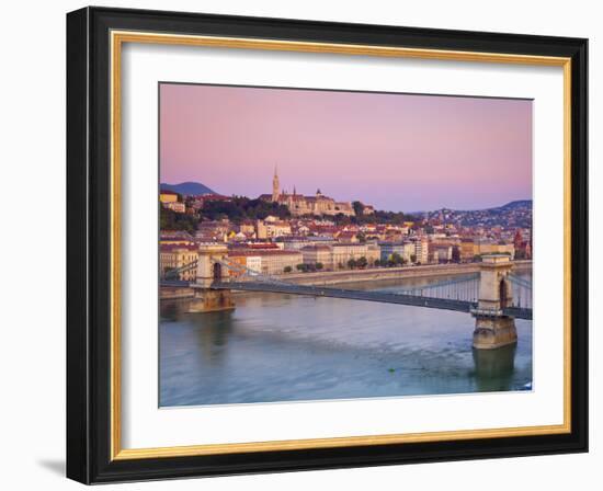 Fisherman's Bastion, the Chain Bridge and River Danube Illuminated at Dawn, Castle Hill, Budapest, -Doug Pearson-Framed Photographic Print
