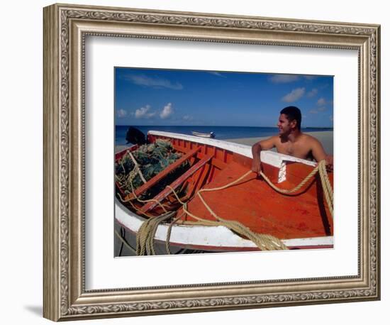 Fisherman Tends His Boat on the Beach, Isla Margarita, Venezuela-Greg Johnston-Framed Photographic Print
