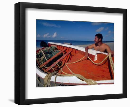 Fisherman Tends His Boat on the Beach, Isla Margarita, Venezuela-Greg Johnston-Framed Photographic Print