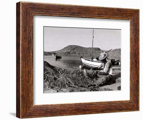 Fisherman Tends to His Nets in Greece-null-Framed Photographic Print